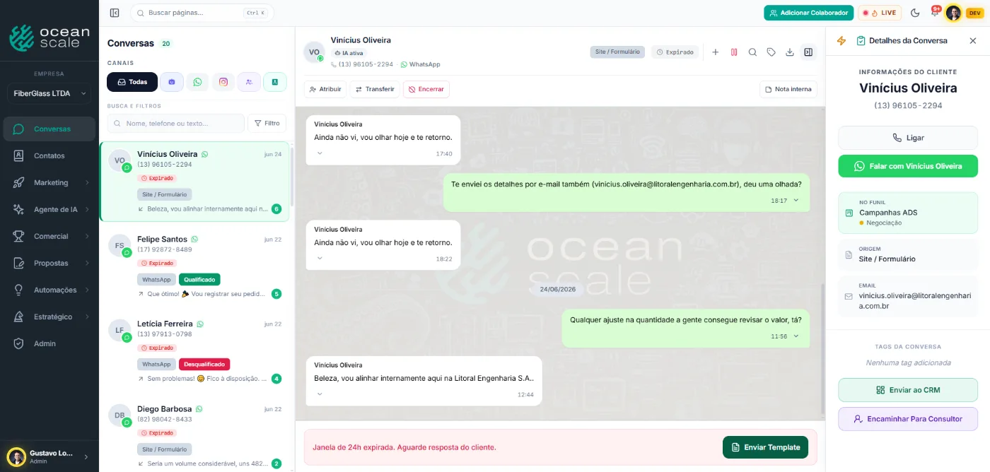 Tela de Conversas da Ocean Scale, com a IA atendendo um lead no WhatsApp e os detalhes do contato à direita