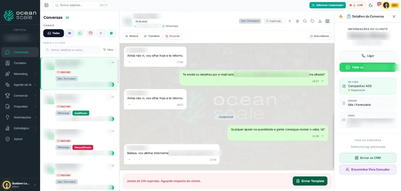 Tela de conversas do CRM com os contatos vindos dos anúncios.