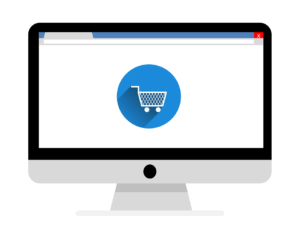 A imagem mostra uma animação gráfica, onde um carrinho de compras é exibido na tela de um computador
